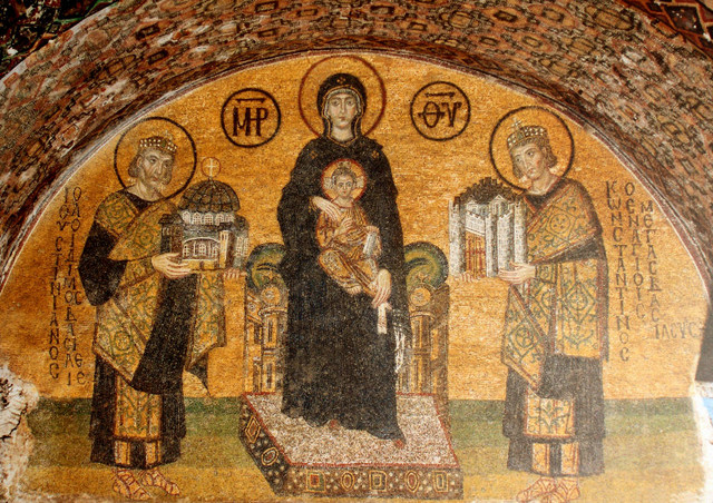 ...flanked by Constantine I, offering her the city of Constantinople, and Justinian I, offering the Hagia Sophia...