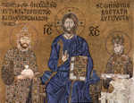 ...giving blessing and holding a bible between King Constantine IX Monomachus and Empress Zoe, both making offerings...