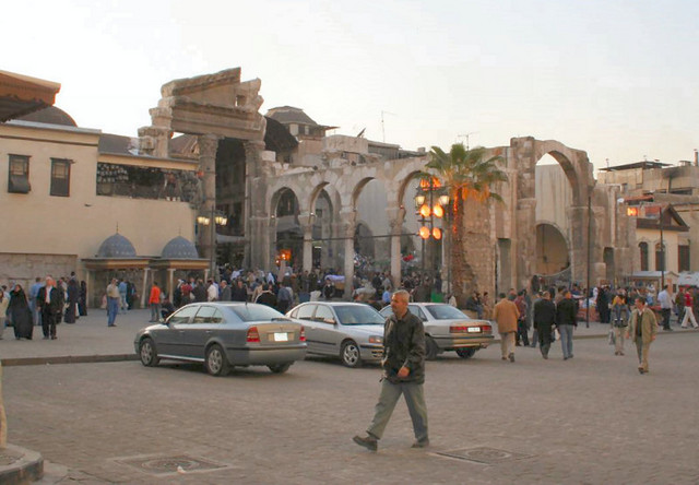 ...through a Roman monumental arch at an ancient cross roads, then on westwards towards the Arab Gate of the Water Trough, Bab al-Jabiya, once the Roman Temple of Jupiter.